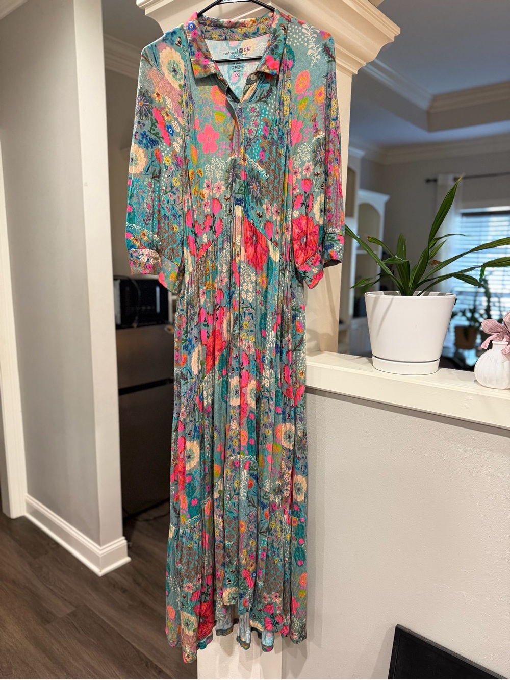 NATURAL LIFE Teal Maxi Dress with Pink & Coral Floral Print